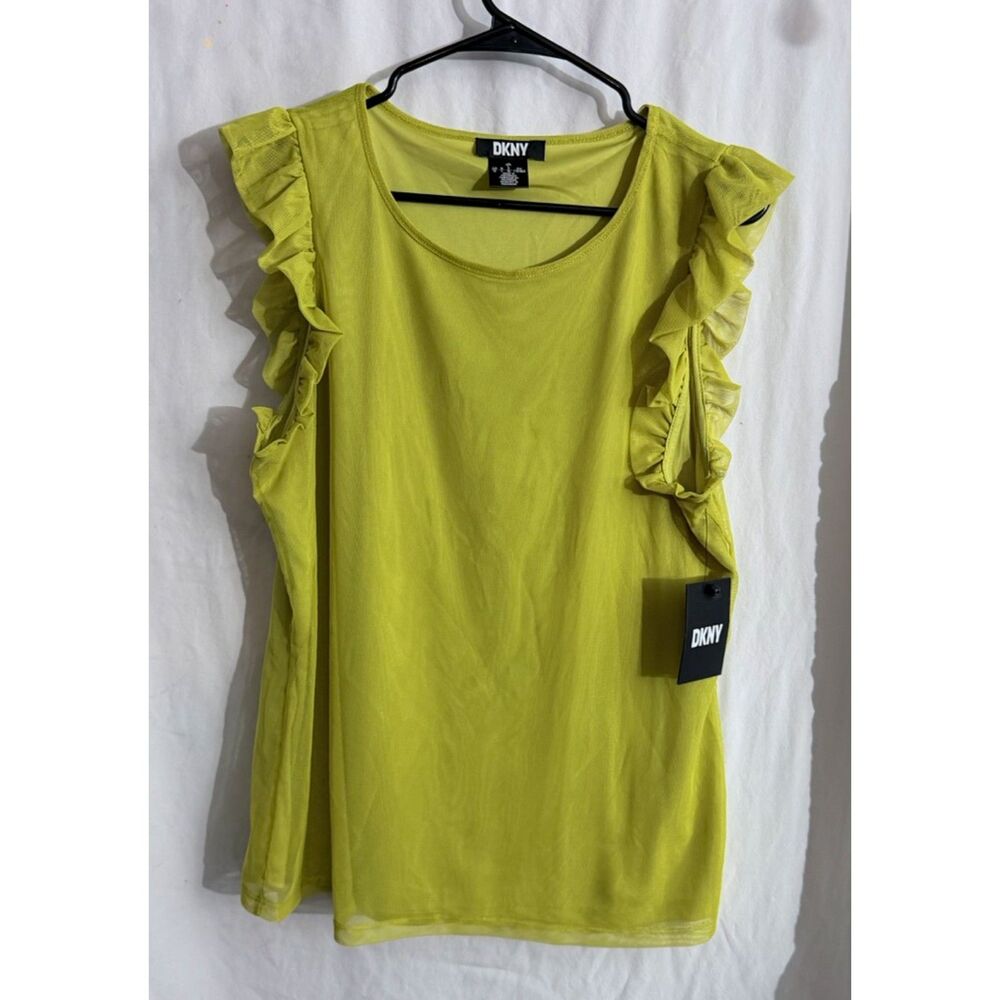 DKNY Lime Green-Yellow Lined Mesh Top with Ruffled Sleeves - Large - NWT